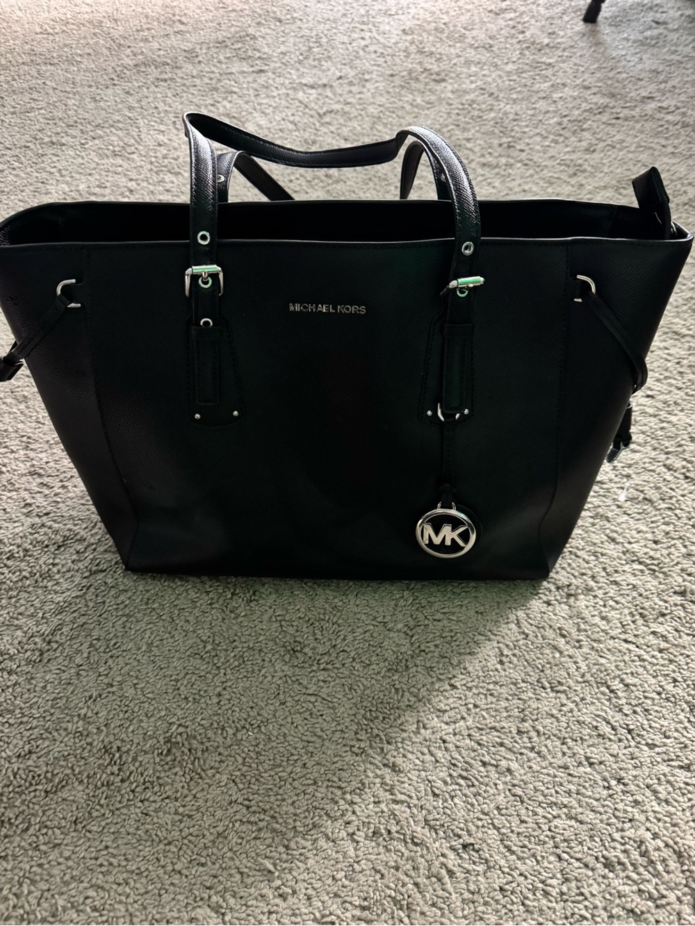Michael Kors Black Leather Tote with MK Pendant